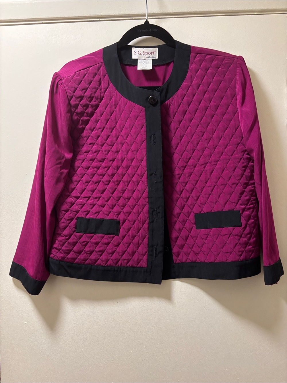 Women's Quilted Fuchsia Bomber Jacket with Black Trim